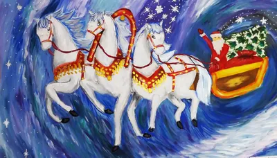 Новогодняя тройка лошадей с дедом морозом - 58 фото