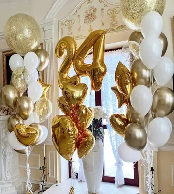 Гелиевые шары на 24 года для женщины \"Акварельный этюд\", 25 шариков и  малиновые. - 22092