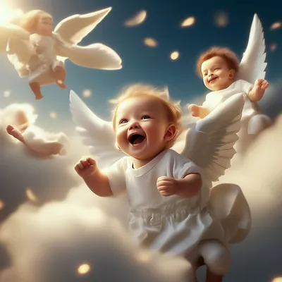 Счастливые дети ангелочки летят с …» — создано в Шедевруме