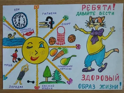 Плакат на тему здоровый образ жизни (ЗОЖ): эскизы и рисунки социальных  плакатов для детей в школу и детский сад