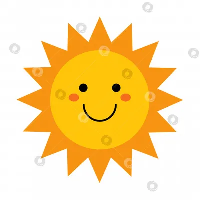 Векторное милое солнце с лицом. Забавное улыбающееся солнце в плоском  дизайне. Детский солнечный эмодзи. Детское солнышко с острыми треугольными  солнечными зайчиками. Детский клипарт. - Ozero - российский фотосток