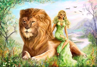 Девушка обнимает льва, портрет на …» — создано в Шедевруме