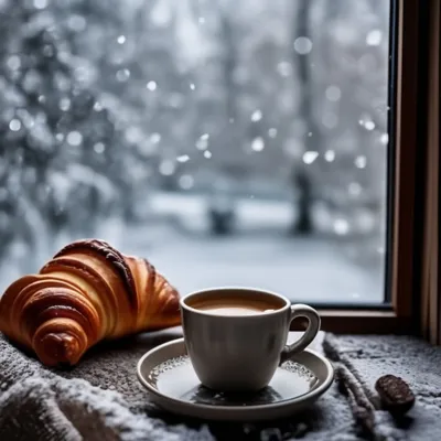 Доброе утро чашка кофе, круассан, …» — создано в Шедевруме