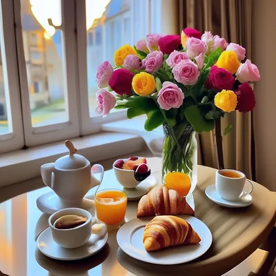 Доброе утро! На столе завтрак, кофе…» — создано в Шедевруме