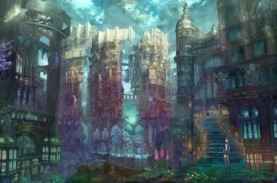 Картинки Аниме Фантастика Фантастический мир Здания Города