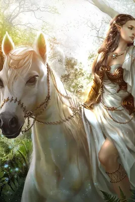 Скачать обои арт, фэнтази, лошадь, животное. природа, девушка разрешение  640x960 #110305