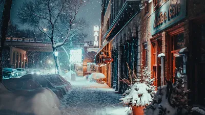 Обои город, вечер, снегопад, зима, улица, здания картинки на рабочий стол,  фото скачать бесплатно