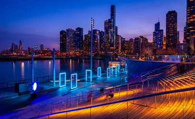 Фотографии Чикаго город США ночью речка Небоскребы Дома город