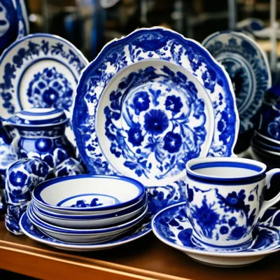Коллекция посуды гжель в витрине …» — создано в Шедевруме