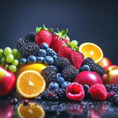 Фрукты и ягоды на чёрном фоне, …» — создано в Шедевруме