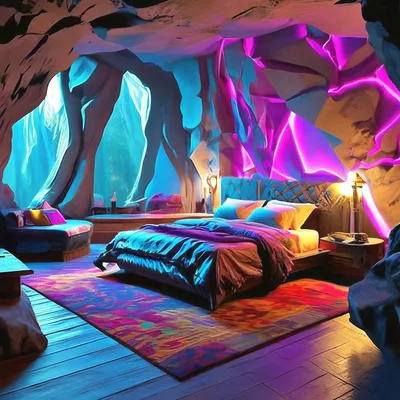 Спальная комната в пещере, в стиле…» — создано в Шедевруме