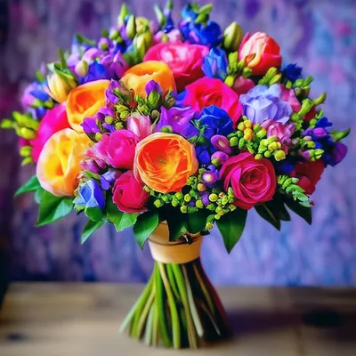 Яркий букет с розами и радужной хризантемой с доставкой по Москве и области  | Roza4u.ru