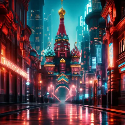 Москва в стиле киберпанк, высокая …» — создано в Шедевруме