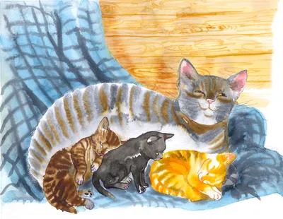 Иллюстрация кошка с котятами в стиле книжная графика |