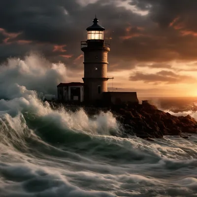 Маяк, море, закат, буря, photorealism…» — создано в Шедевруме