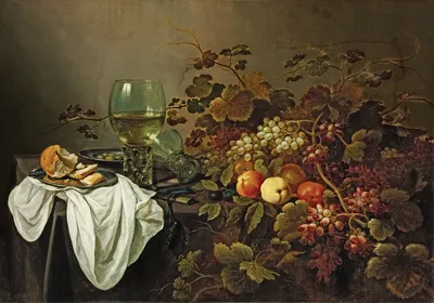 Натюрморт с фруктами, Сергей Постников- картина, фрукты, яблоки и груши на  столе, чайник, скатерть