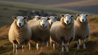 четыре овцы стоят в поле и смотрят в камеру, картинки овца, овец, животное  фон картинки и Фото для бесплатной загрузки