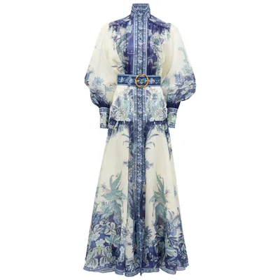Модное многослойное летнее платье 2023New великолепное сине-белое шифоновое  платье с расклешенными рукавами и рюшами с фарфоровым принтом | AliExpress