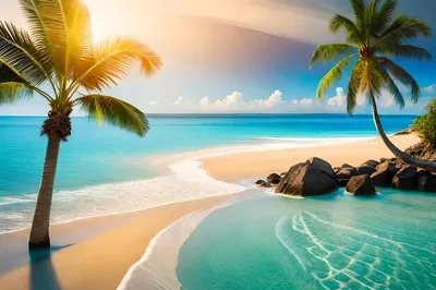 Пляж с пальмами и голубым небом | Премиум Фото