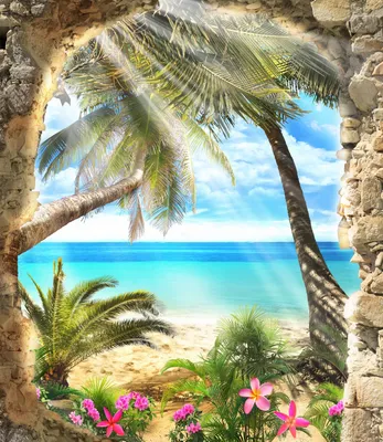 Пейзаж пляжа с пальмами и горами 2 Stock Vector | Adobe Stock