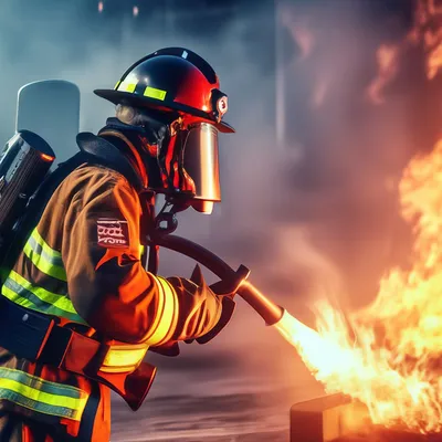 Пожарный тушит пожар, реалистично, 4k…» — создано в Шедевруме