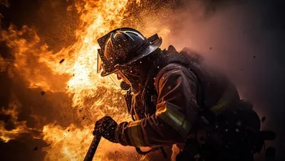Пожарный в форме тушит пожар со шлангом на плечах | Премиум Фото