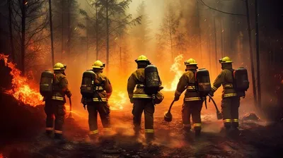 Пожарная машина тушит пожар пламя …» — создано в Шедевруме