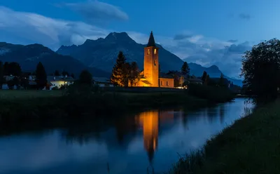 Фотографии Швейцария Sils гора Храмы речка Ночные Дома 5000x3100