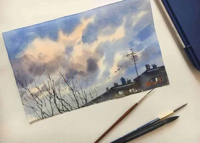 Как нарисовать небо акварелью поэтапно - небо с облаками акварелью для  начинающих