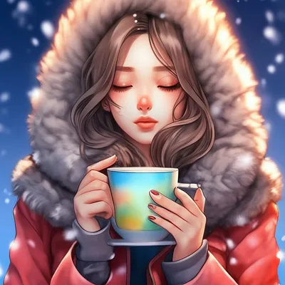Аниме девушка в шубе зимой держит …» — создано в Шедевруме