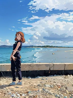 Аниме девушка на пляже в купальнике» — создано в Шедевруме