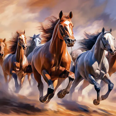 Табун бегущих лошадей в профиль вид…» — создано в Шедевруме