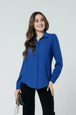 Блузка с длинным рукавом, шелковистая классическая синяя от производителя |  Дизайнерский дом Татьяны Тягиной