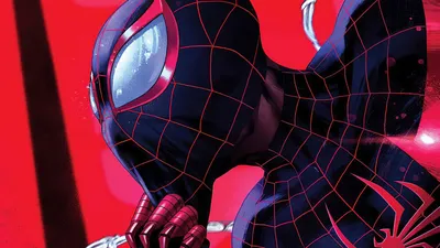 Обои на рабочий стол Spiderman Miles Morales / Человек-паук (Майлз Моралес)  на красном фоне, обои для рабочего стола, скачать обои, обои бесплатно