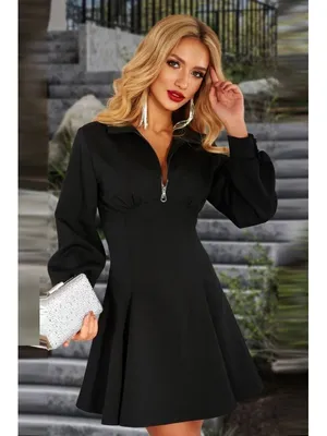 Купить черное короткое платье с молнией на декольте