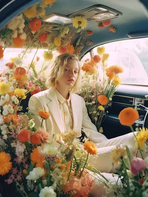 Девушка блондинка сидит среди цветов…» — создано в Шедевруме