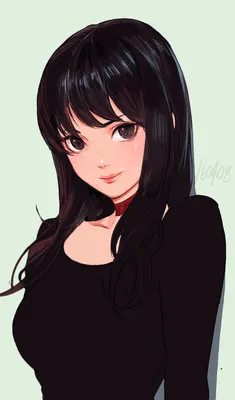 Девушка с длинными чёрными волосами и чёрной кошкой. | Картинка на аву