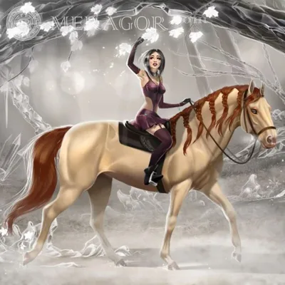 Девушка верхом на коне на фоне леса