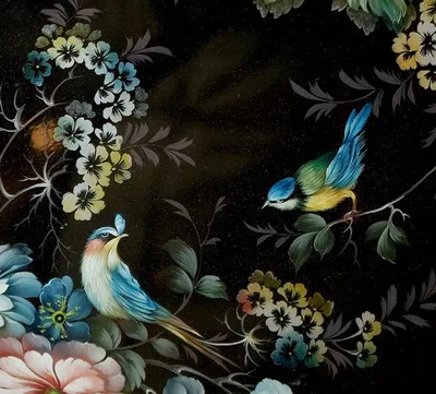 птицы на черном фоне | Декоративная роспись, Шинуазри, Художественные  рисунки