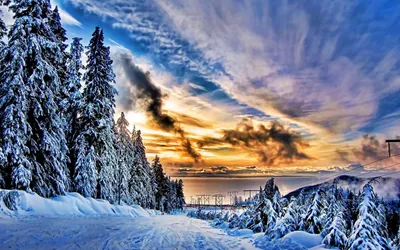 Обои зима, горы, лес, домик, природа, мороз на рабочий стол