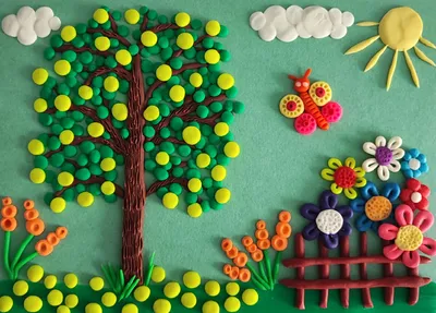 Аппликации из пластилина на цветном картоне \" Яблоня в саду\". Пошаговая  инструкция с фото для детей. | Лепим с Таней | Дзен