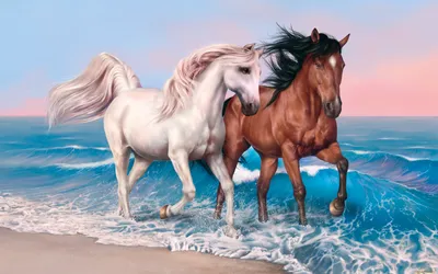 Обои Рисованное Животные: лошади, обои для рабочего стола, фотографии  рисованные, животные, лошади, море, лошади, кони Обои для рабочего стола,  скачать обои картинки заставки на рабочий стол.