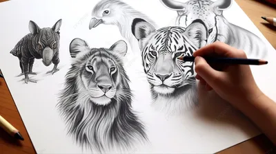 человек рисует тональные карандашные рисунки трех животных, рисунки животных,  Рисование, животное фон картинки и Фото для бесплатной загрузки