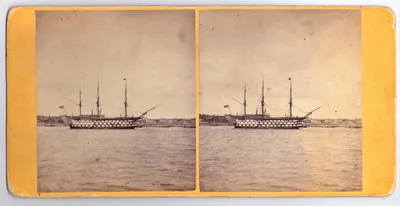 Карточка для стереоскопа с изображением английского стопушечного корабля  \"Виктория\" на портсмутском рейде.
