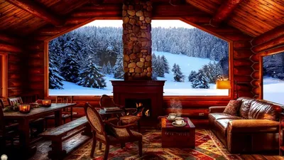 Дом с камином в лесу зимой - 79 фото