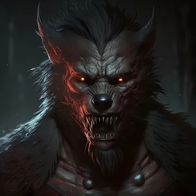 A fantasy beast, similar to a werewolf but in human form. stocky, with long  black hair and red eyes. stalking a person in the middle of a forest at  midnight on Craiyon