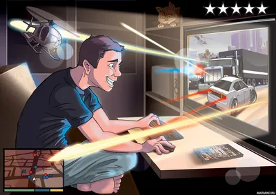 Парень за компьютером играет в GTA 5 — Арт картинки