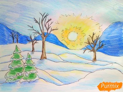 Как нарисовать зимнее утро, рассвет поэтапно 3 урока
