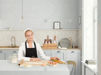 молодая домохозяйка, работающая на кухне Стоковое Фото - изображение  насчитывающей вырезывание, занятие: 231430520