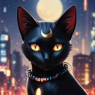 Черная кошка Луна с полумесяцем на…» — создано в Шедевруме